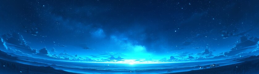 Illustrate a panoramic vista of a beach under a star-studded sky