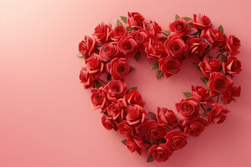Beautiful Red Roses Arranged in Heart Shape on Pink Background with Copy Space