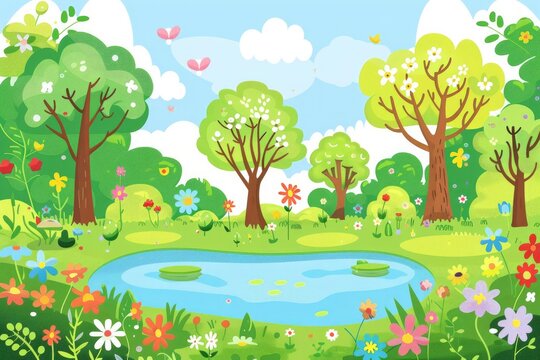 A cartoon forest with trees and flowers, blue sky ,a small pond and green grass.