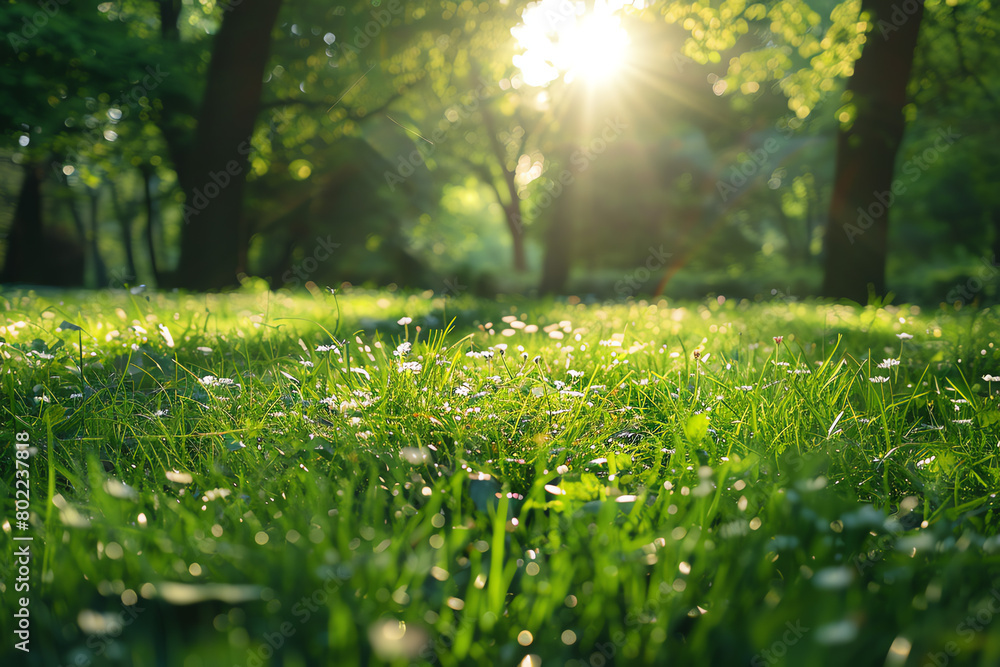 Poster sunlight filtering through trees illuminating a grassy area in a serene park during late afternoon