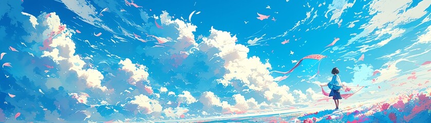Illustrate a whimsical scene of a magical flying carpet gliding through a vibrant azure sky dotted with fluffy cotton candy-like clouds