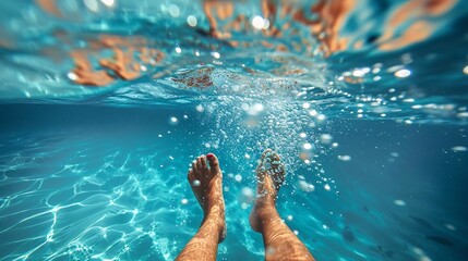 Swimmer's Legs Kicking Underwater with Bubbles Rising in Clear Blue Water
