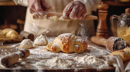 Traditional Baking Process: Expert Hands Mold Dough into Croissants, Surrounded by Rustic Kitchen Utensils