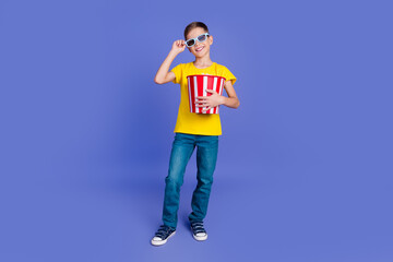 Photo of cheerful positive boy wear stylish yellow clothes hold basket 3d glasses watch cinema...