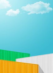 Metallic containers box with Green, White, Yellow metal against blue sky clouds on day well space for text commercial business Export, Import or logistics 