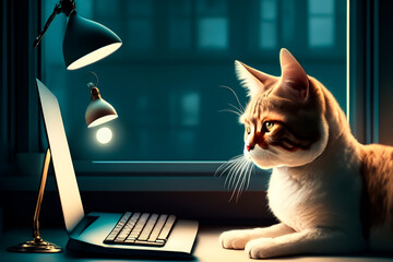 Ginger cat working on laptop on table in the evening in the light of a desk lamp