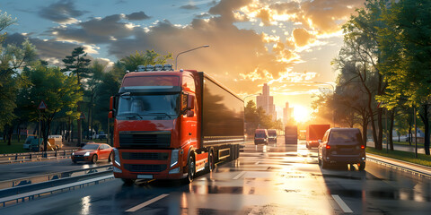  A truck with a trailer is driving on the motorway at night with an orange sunny sunset 