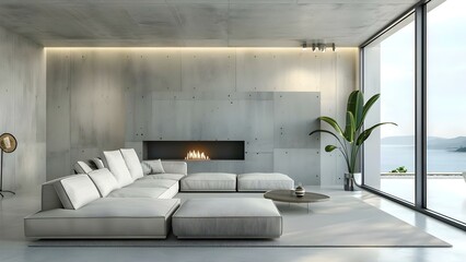 Sleek fireplace and minimalist concrete walls in a contemporary living room. Concept Minimalist Decor, Contemporary Design, Sleek Fireplace, Concrete Walls, Living Room