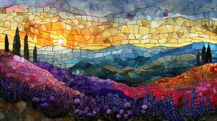 French nature Mosaic , lavendel field, Stained Glass Illusion
