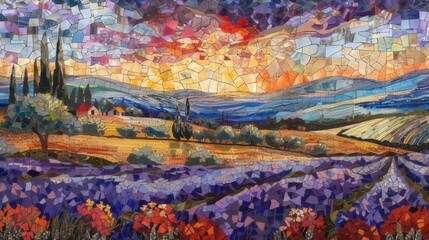 French nature Mosaic , lavendel field, Stained Glass Illusion
