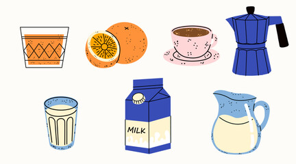 Set of with breakfast food and drinks. Collection of various food: milk, coffee, orange juice, orange, coffee pot. Vector hand draw illustration for design. Isolated on a white background.