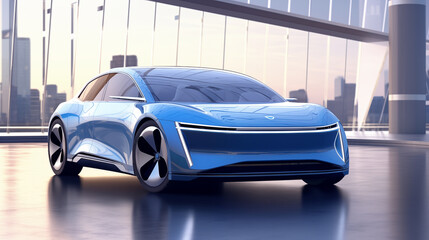 Futuristic electric car, rendered in a sleek, modern design. It has a streamlined shape with...