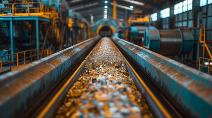 Obraz premium Extensive conveyor belt system at a recycling facility managing heaps of garbage