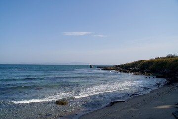 Sandy beach in Kannonzaki Park and view of Tokyo Bay in spring