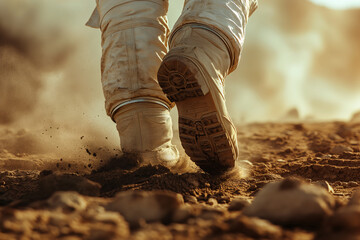 A dynamic ground-level view capturing the action and intensity of a person walking with sports shoes, kicking up dust