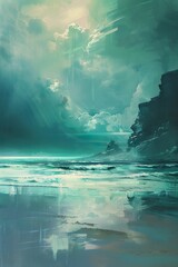 abstraktes Gemälde einer Landschaft mit Meer und Strand in türkis und blau, dramatische Stimmung mit Wolken, Regen und Gewitter, Hintergrund für Krimi oder Thriller	