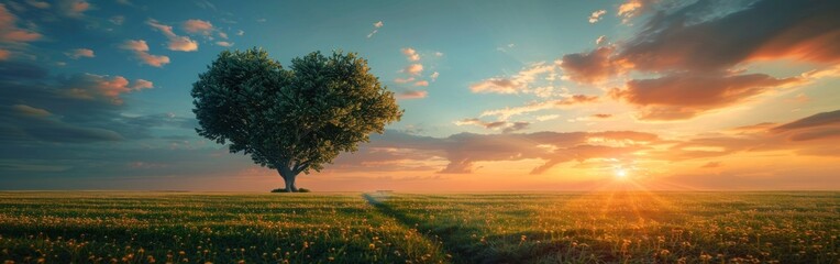 Romantic Sunset View of Heart-Shaped Tree on Green Field, Symbolizing Love and Affection - obrazy, fototapety, plakaty