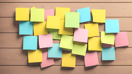 A bunch of colorful sticky notes are scattered on a wooden surface