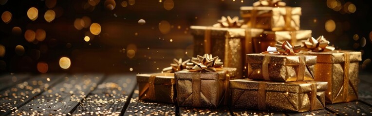 Naklejka na ściany i meble Golden Gift Boxes on Wooden Table for Birthday or Christmas Celebration