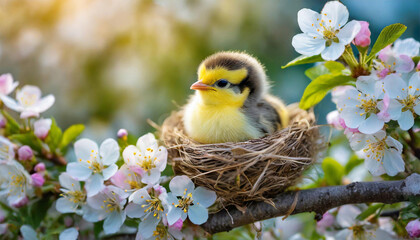 Baby bird in the nest on a flowering branch