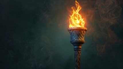 Wooden torch flame. 3D medieval fire lamp. Design element depicting combustion.
