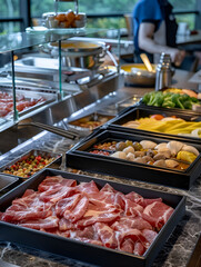 Obraz premium A buffet with a variety of meats and vegetables. The meats are sliced and arranged in trays, while the vegetables are in bowls. Scene is inviting and appetizing. Generative AI