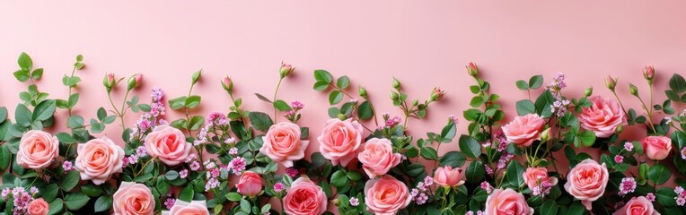 Happy Women's Day: Pink Rose Flower Frame on Pastel Background, Top View with Space - Concept of Beauty and Celebration