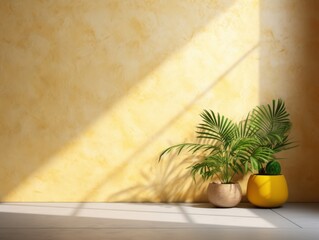 Yellow minimalistic abstract empty stone wall mockup background for product presentation. Neutral industrial interior with light, plants, and shadow
