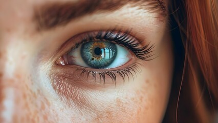 Close-up of a woman's eye in an office setting focusing on mental health. Concept Close-up Photography, Woman's Eye, Office Setting, Mental Health, Emotional Portrait