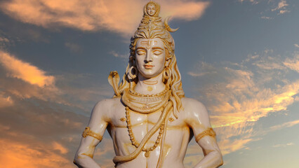 a white sculpture of god shiva with sky background