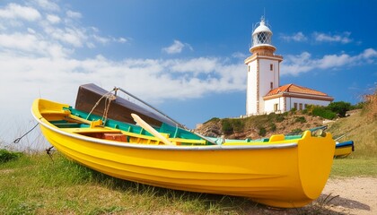 Travel Beach Concept, yellow boat in front of a lighthouse