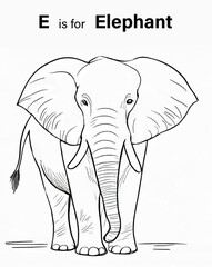 A black and white E is for elephant, kids coloring page, illustration.