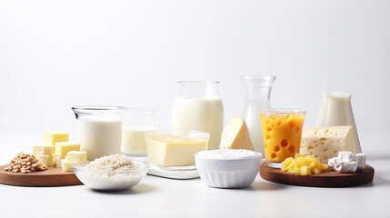 Various types of dairy products, cottage cheese, sour cream. White background. AI generated.