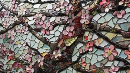 Japanese natural mosaic, cherry blossom, and stained glass illusion
