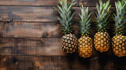 Decorative pineapples on wooden background