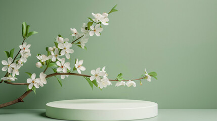 Decorative podium and blooming branch on green background