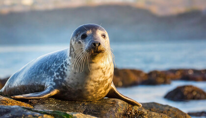 Naklejka premium Harbor Seal (Phoca vitulina) on a rocky shore closeup, early morning. AI