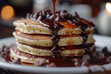 A close-up shot of melting chocolate drizzling over a stack of pancakes