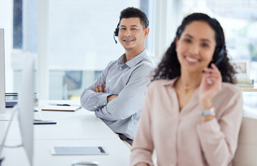 Portrait, man and desk of call centre, headset and telemarketing for sales and customer service....