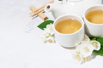 japanese tea ceremony. green tea with jasmine, top view