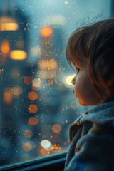 A contemplative view of a child gazing out of a window at the city lights, hinting at dreams and the future