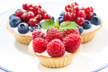 mini cakes with cream and berries, closeup