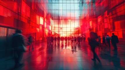 Stained glass illusion of blurred business people walking at a modern trade fair office or conference, created with a mosaic window and dynamic motion blur
