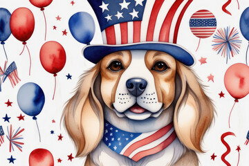 Watercolor composition collage of puppy with an American flag celebrates 4th of July Independence Day. - Powered by Adobe