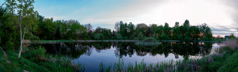 Fototapeta premium Panoramic view of a calm lake on a sunny summer day