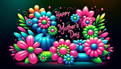 Festive and colorful digital geeting card neon-style inflatable flowers arranged around message Happy Mother's Day!. 