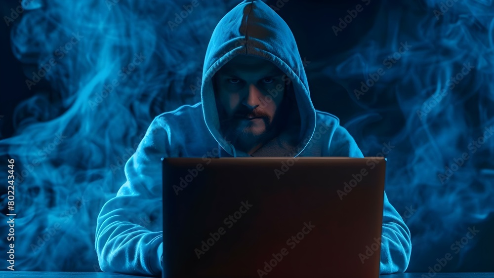 Poster hooded hacker on laptop committing online theft battling cybersecurity on dark background . concept 