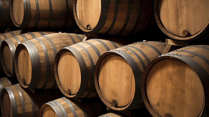 Winery basement with wooden barrels and racks of old wine bottles. AI generated.