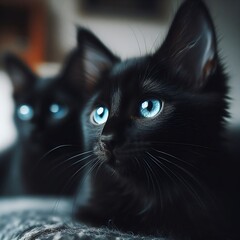 vue de près un magnifique chat noir au yeux bleus , des magnifique détails sur sa fourrure, le chat regarde la caméra