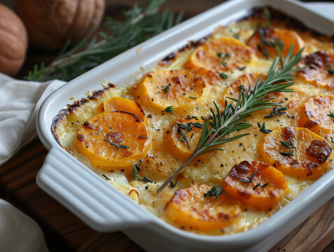 Gratin maison &agrave; la courge butternut, plat r&eacute;confortant d'automne pos&eacute; sur la table